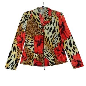 Joseph Ribkoff Jacket Womens 10 Full Zip Floral Artwork Shoulder Pad Shimmers